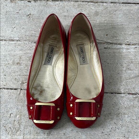 Jimmy Choo Red Patent Leather Logo Ballet Flat Size 37.5 - Picture 1 of 6